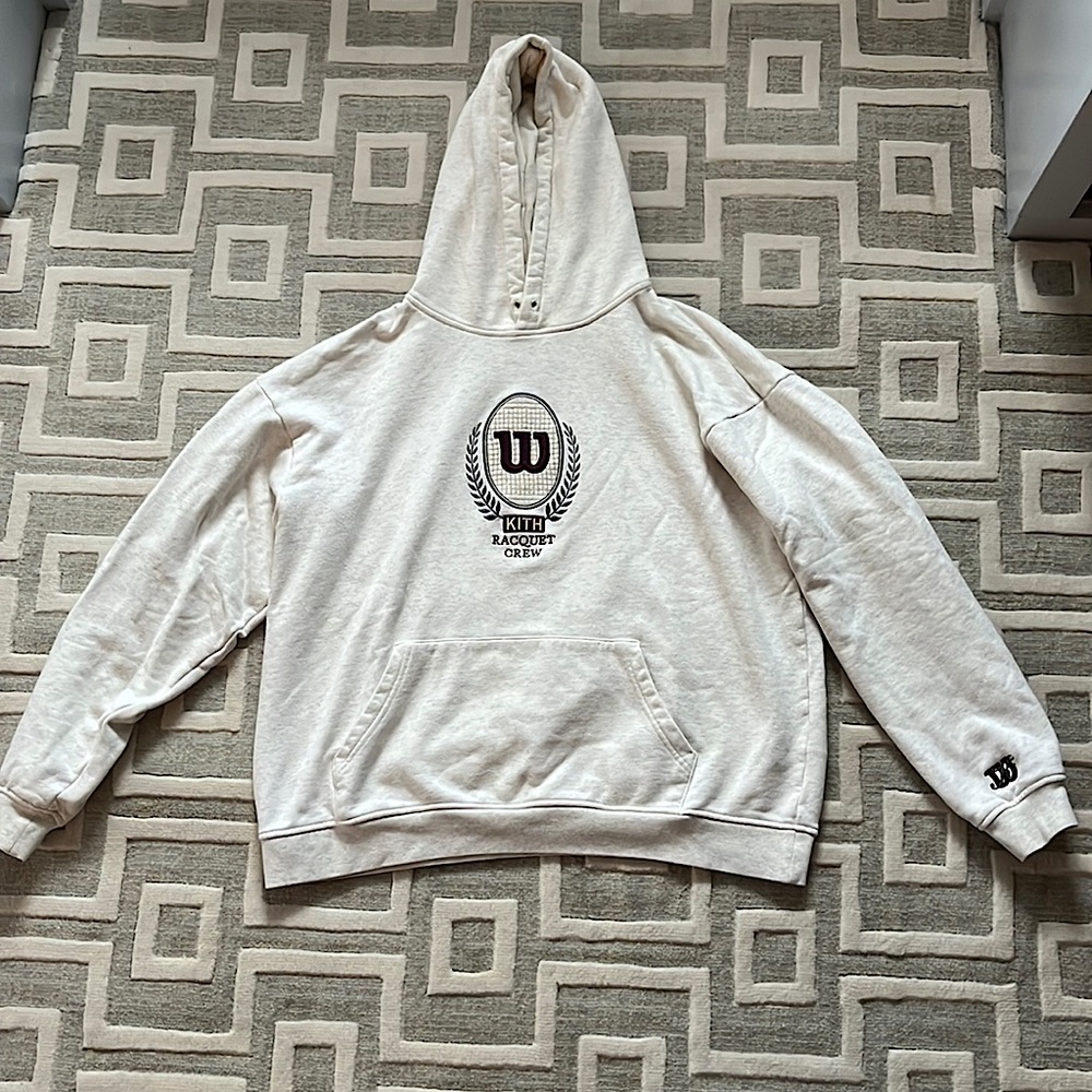 Kith x Wilson Racquet Crew XL cotton hoodie. off-white. embroidered logo
